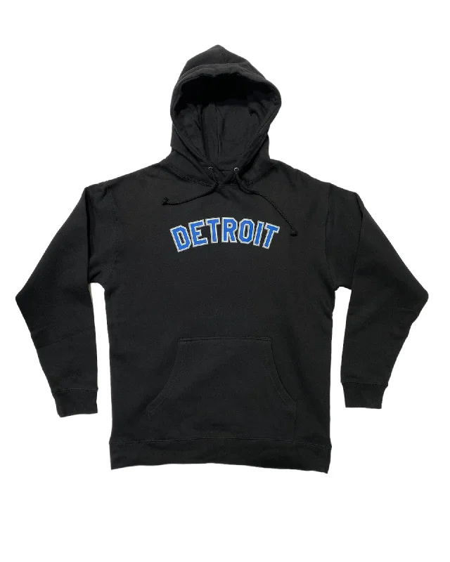 Hoodie with Clean Lines for Modern Look-Women's Hourglass Fit Hoodies-Ink Detroit -  Honolulu blue and silver print on Black Hoodie