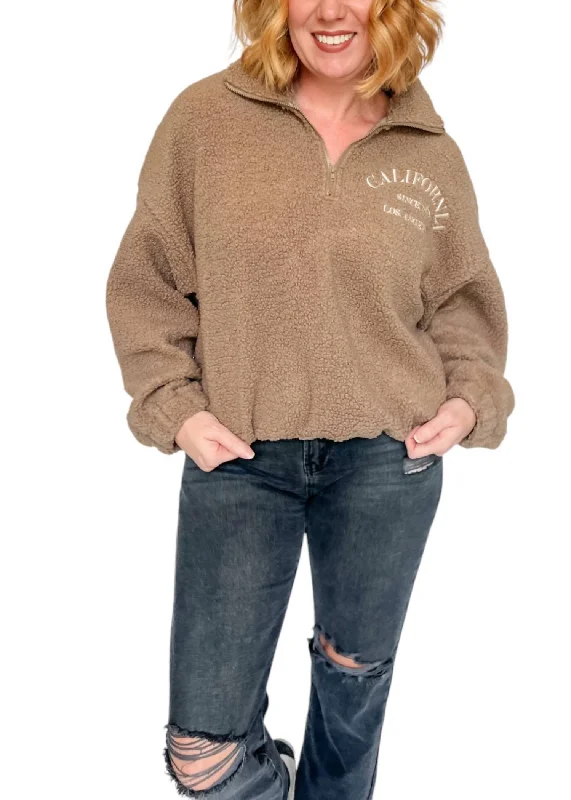 Pullover Sweater for Beautiful Comfort-Women's Tulle Denim Pullovers-Cali Quarter Zip Fleece Pullover In Brown