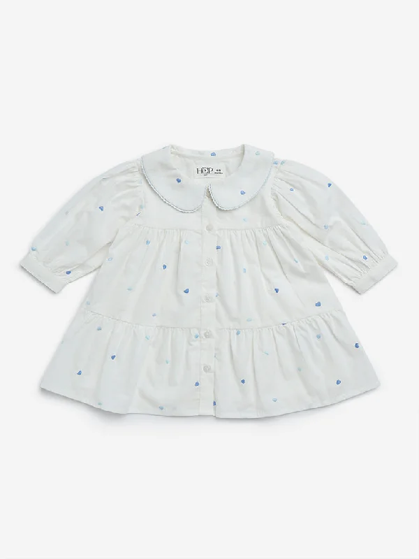 HOP Baby White Heart Printed Cotton Tiered Dress