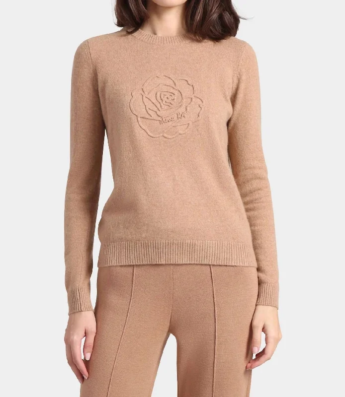 Classic Knit Pullover Sweater-Women's Slit Pencil Pullovers-Cashmere Embossed Rose Sweater In Camel