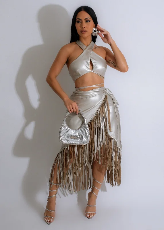 Vintage Checkered Skirts-Women's Sequin Denim Skirts-Of Impact Fringe Faux Leather Skirt Set Silver