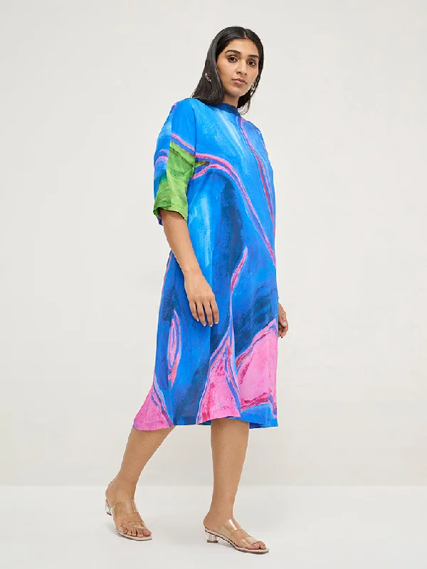 Diza Blue Abstract Printed A-Line Dress