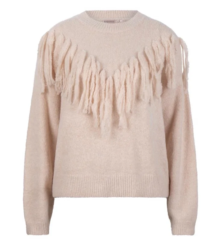 Classic Wool Pullover Sweater for Men-Women's Crew Neck Pullovers-Women's Fringes Sweater In Light Sand