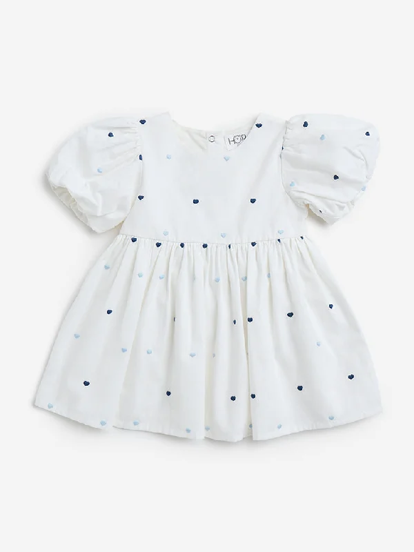 HOP Baby White Heart Printed Cotton A-Line Dress