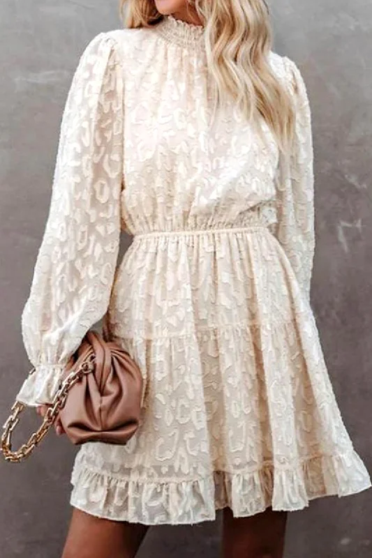 WOMEN LONG SLEEVE RUFFLED HIGH NECK LACE DRESS