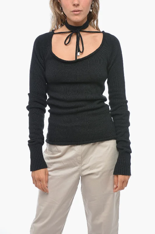 Winter V-neck Pullover Sweater-Women's Zip-Up Ruffle Pullovers-The Attico Deep-neckline HEATHER Sweater