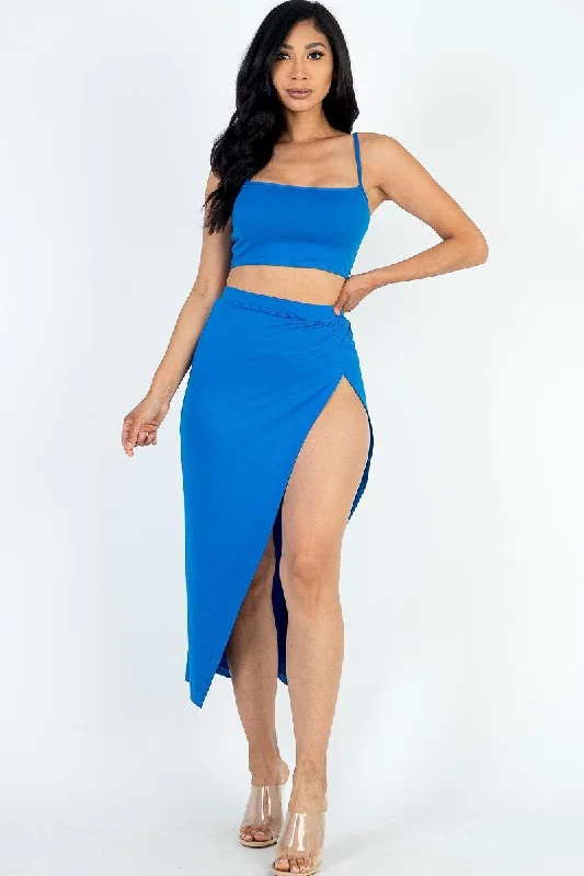 Casual Pleated Skirts-Women's Cotton Skirts-Blue Cropped Cami & High Slit Midi Skirt Set