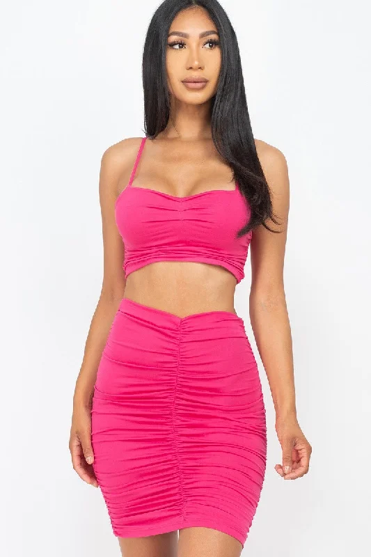 Midi-length Skirts-Women's Camouflage Skirts-Hot Pink Ruched Cropped Cami & Skirt Set