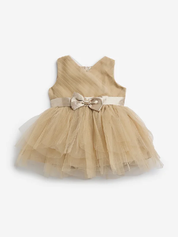 HOP Baby Beige Bow Design Mesh A-Line Dress