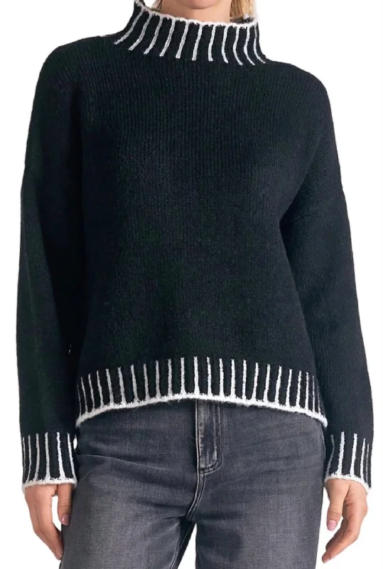 Pullover Sweater with Comforting Fit-Women's Beach Pullovers-Mock Neck Pullover Sweater In Black/white