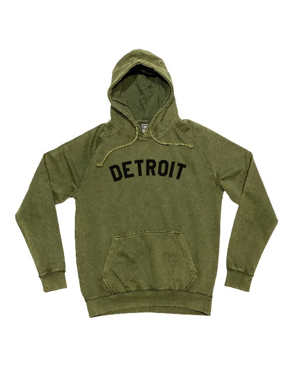 Hoodie with Bold Logo for Statement Look-Women's Monochrome Hoodies-Ink Detroit Mineral Wash Hoodie - Olive Green