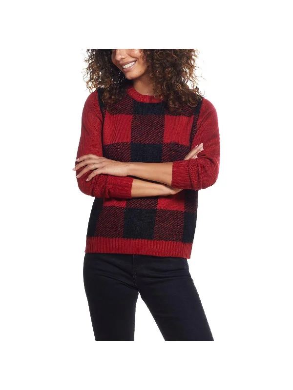 Casual Wool Pullover Sweater for Winter-Women's Geometric Pullovers-Womens Knit Checkered Crewneck Sweater