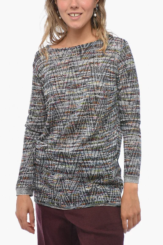 Pullover Sweater for Cold Seasons-Women's Patterned Pullovers-Missoni Crew Neck Stretch Fabric Sweater with Lurex Edges