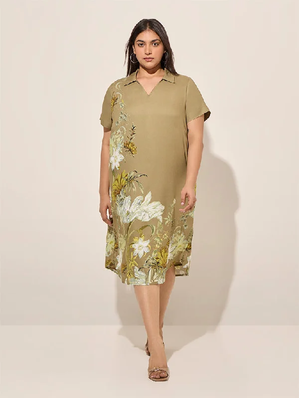 Gia Khaki Floral Printed Straight Dress