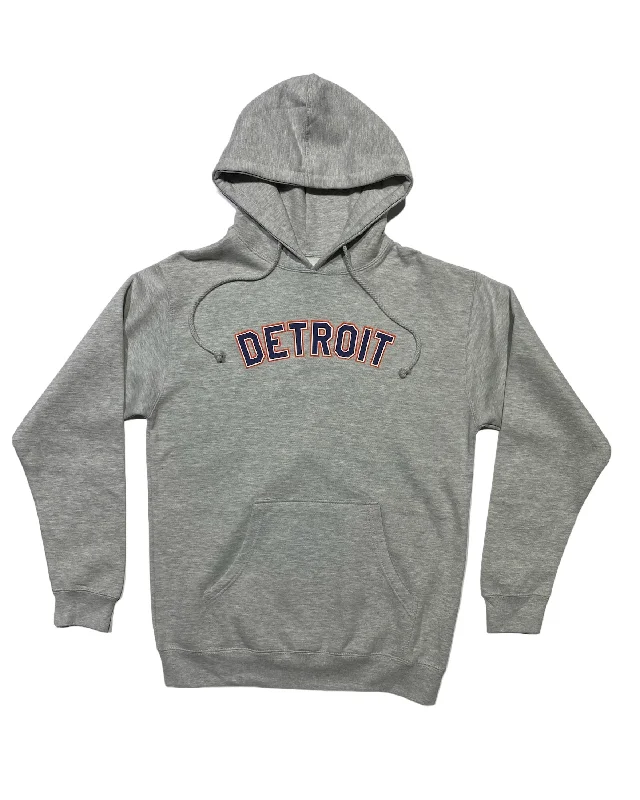 Hoodie with Bright Text for Fun Style-Women's Raglan Sleeve Hoodies-Ink Detroit -  Orange & Navy print on Athletic Grey Hoodie