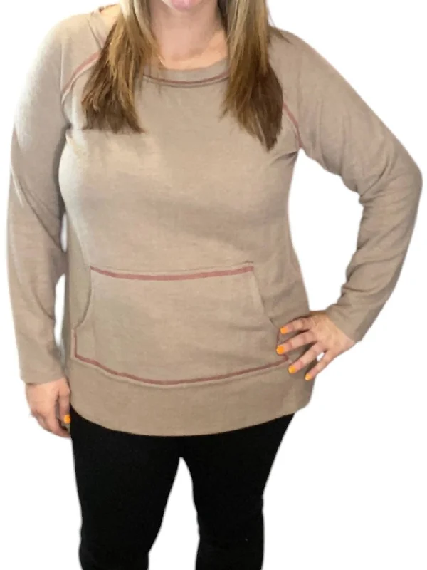 Pullover Sweater with Cowl Neck-Women's Yoga Pullovers-Kangaroo Pocket Sweater In Mocha