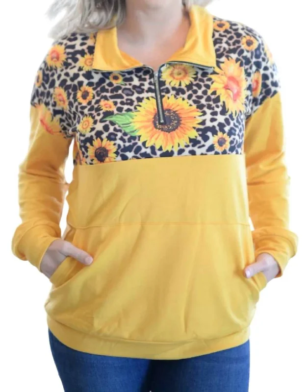 Pullover Sweater with Crochet Detail-Women's Fleece A-Line Pullovers-Sunflower Zip Up Pullover In Yellow