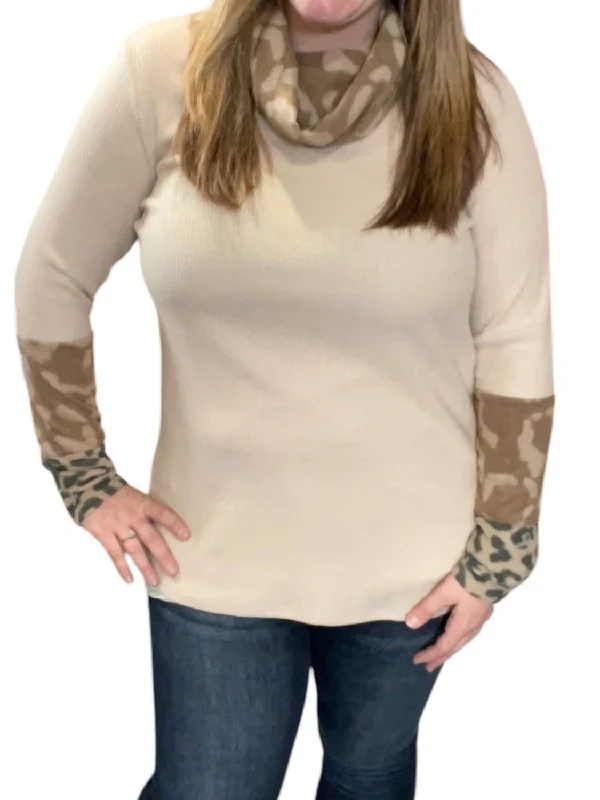 Women’s Cozy Pullover Sweater-Women's Zip-Up A-Line Pullovers-Leopard Accent Cowlneck Sweater In Beige