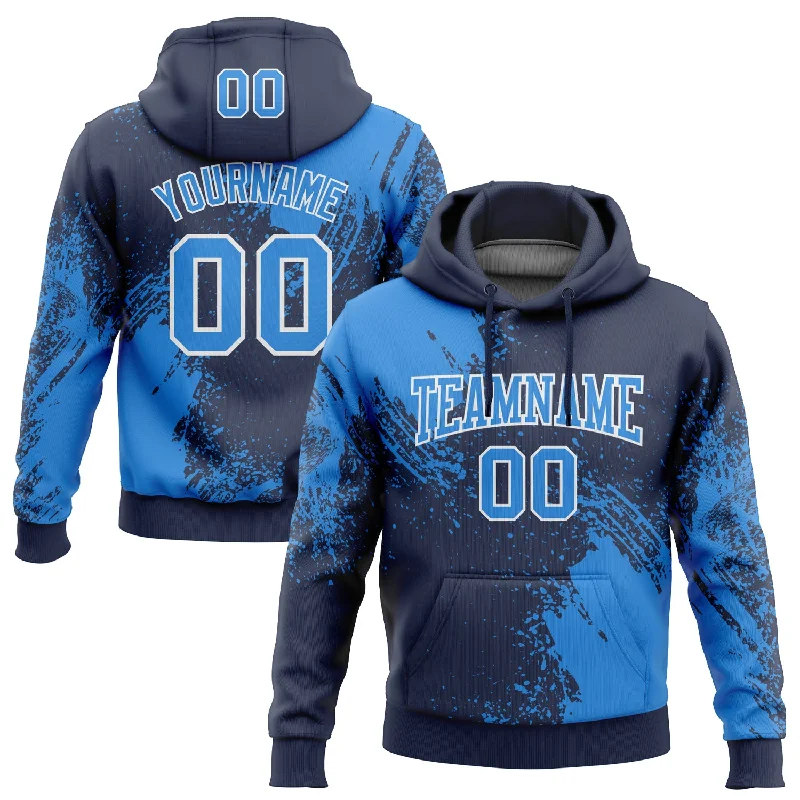 Hoodie for Fun, Comfortable Wear-Women's Slit Hem Hoodies-Custom Stitched Navy Powder Blue-White 3D Pattern Design Abstract Brush Stroke Sports Pullover Sweatshirt Hoodie