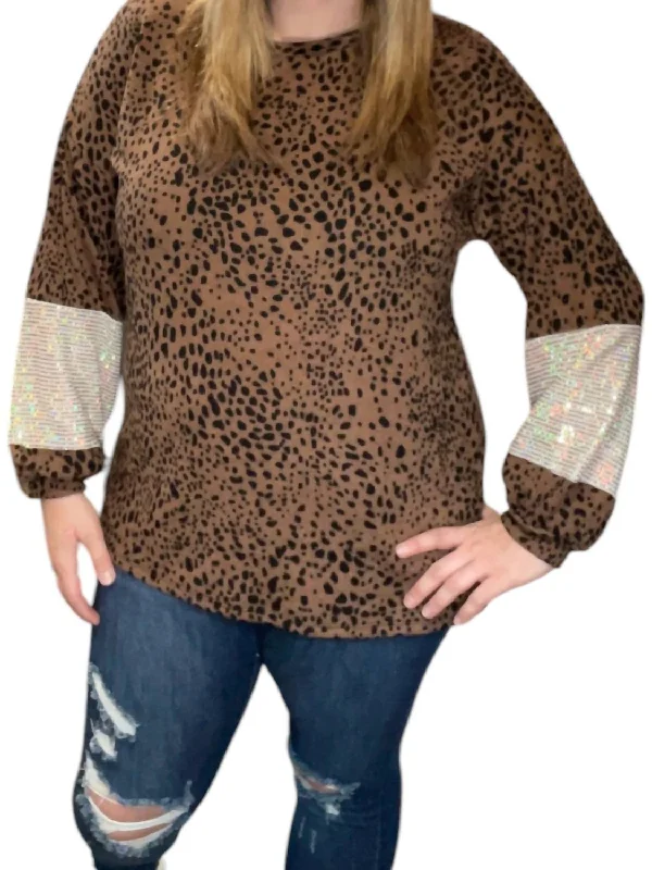 Pullover Sweater for Layering on Cold Days-Women's Zip-Up Ruffle Pullovers-Leopard Sequin Sleeve Sweater In Brown