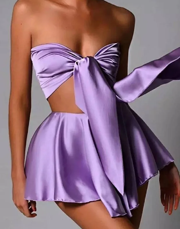 Elegant Skirts for Parties-Women's Fleece Pencil Skirts-Purple Knotted Bra Top Short Skirt Set