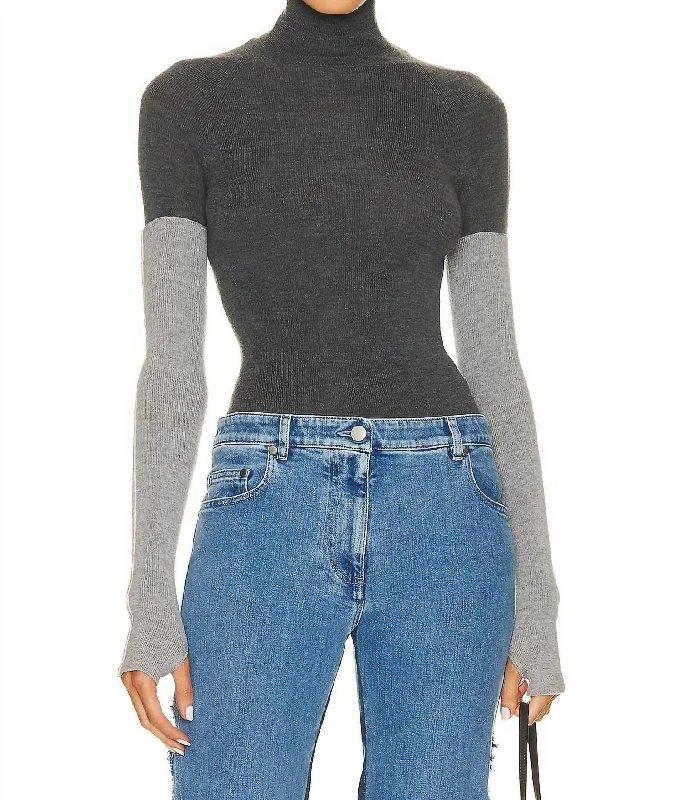 Pullover Sweater with Loose Fit-Women's High-Waisted Ruffle Pullovers-Combo Sleeve Turtleneck Sweater In Cool Grey/light Grey Sleeves