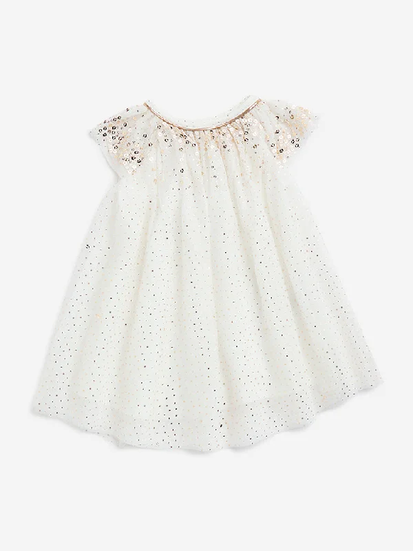 HOP Baby Off-White Embellished A-Line Dress