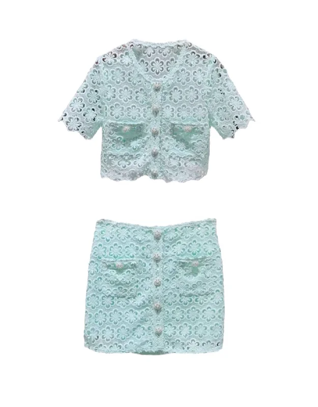 Short Floral Skirts-Women's Tulle A-Line Skirts-Mint Green Crochet Shirt And Skirt Set