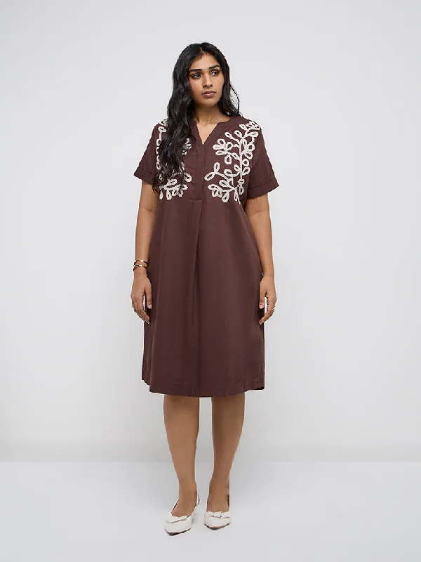 Gia Dark Brown Embroidered Cotton A-Line Dress