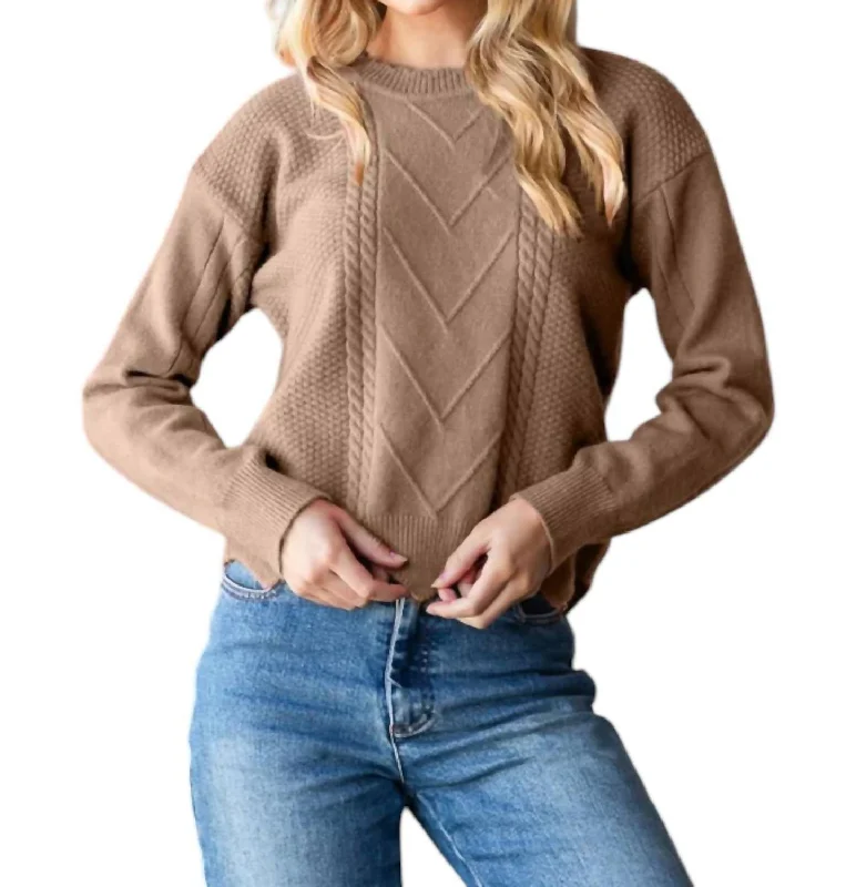 Cable Knit Pullover Sweater for Women-Women's Fleece Pullovers-Sabrina Zig Zag Hem Sweater In Mocha