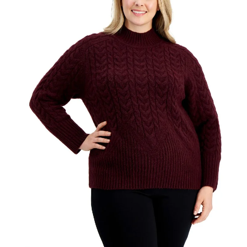 Pullover Sweater for a Night Out-Women's Zip-Up Pencil Pullovers-Plus Womens Cable Knit Ribbed Mock Turtleneck Sweater