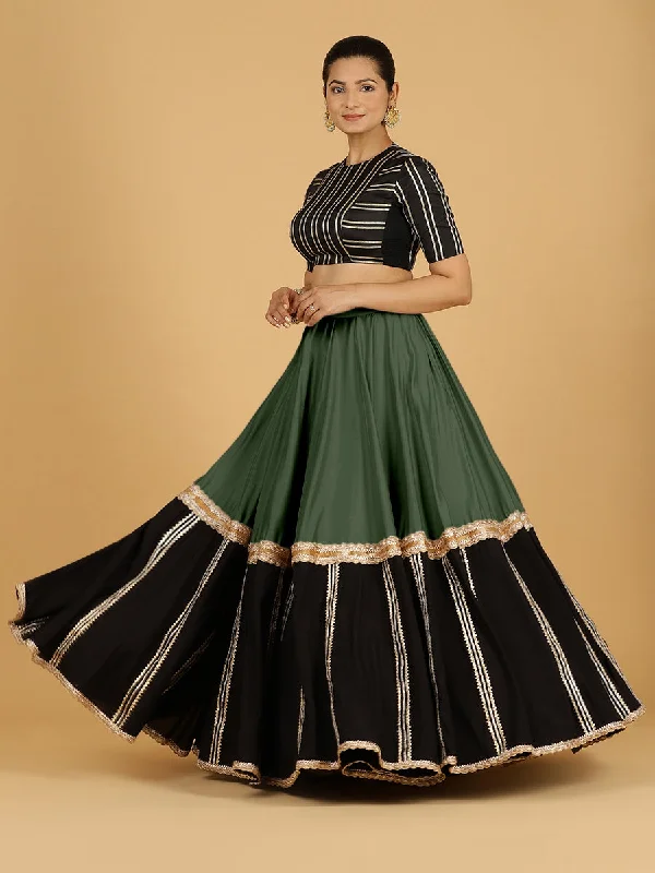 Stretchable Casual Skirts-Women's Low-Waisted A-Line Skirts-Mastani x Tyohaar | Pine Green Panelled Lehenga Skirt