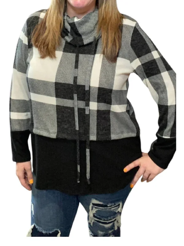 Pullover Sweater for Autumn-Women's Tulle Denim Pullovers-Plaid Cowlneck Sweater In Black