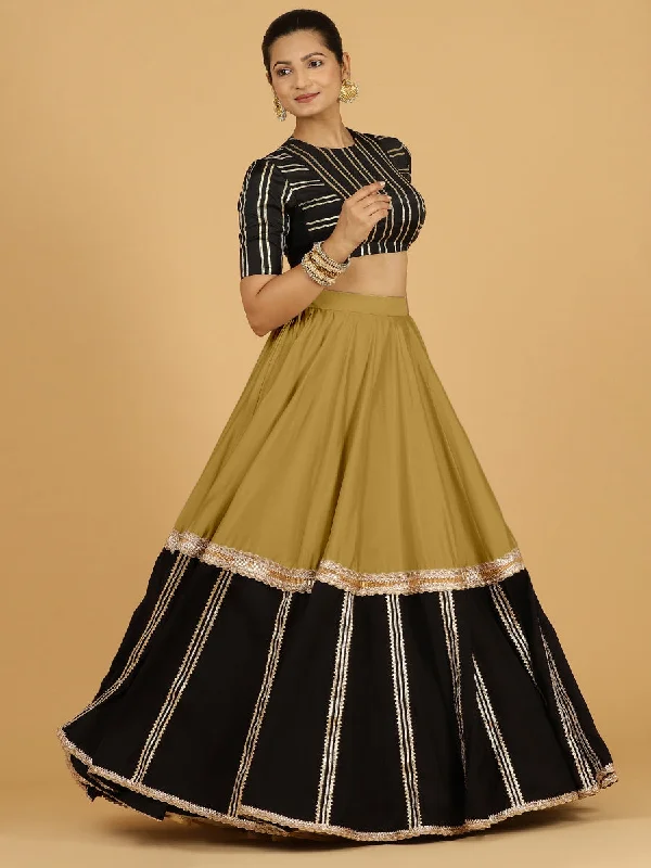 Trendy Tartan Skirts-Women's Low-Waisted Floral Skirts-Mastani x Tyohaar | Dijon Mustard Panelled Lehenga Skirt