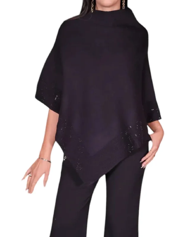 Cashmere Pullover Sweater for Fall Layering-Women's Button-Front Ruffle Pullovers-Diamond Poncho In Black