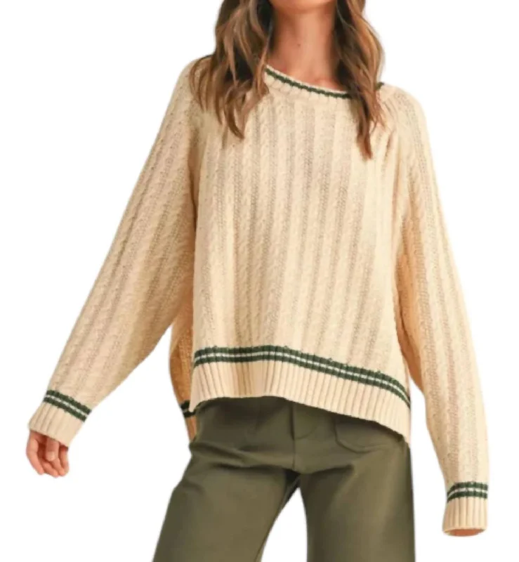 Women's Zip Pullovers-Cable Contrast Sweater In Green