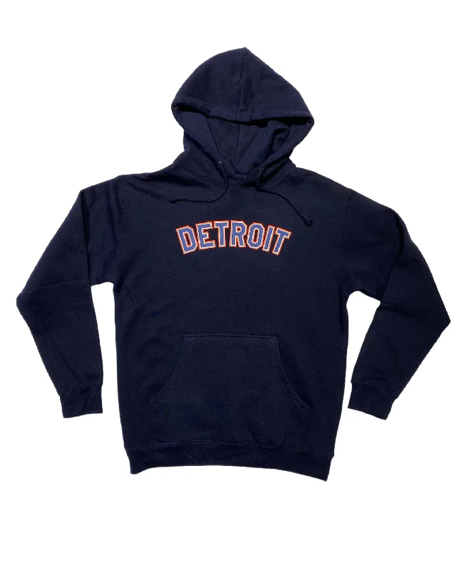 Hoodie for Urban Winter Looks-Women's Raw Edge Hoodies-Ink Detroit -  Orange & Navy print on Navy Hoodie