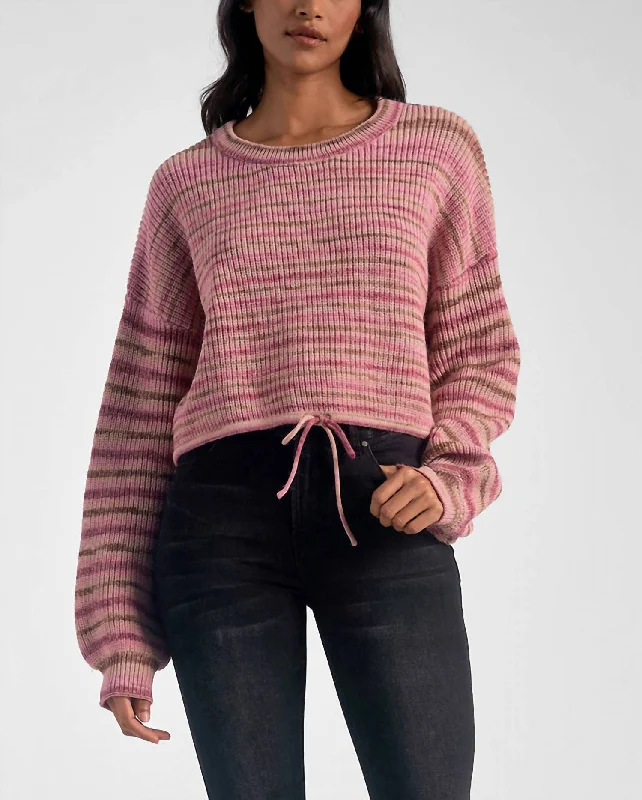 Cozy Pullover Sweater for Cold Months-Women's Glitter Pleated Pullovers-Crew Neck Sweater In Rose Stripe