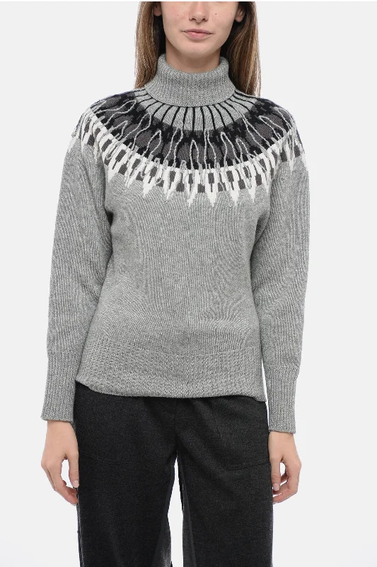 Pullover Sweater for Fall Essentials-Women's Lace Pleated Pullovers-Fabiana Filippi Turtleneck Wool Blend Sweater with Fairisle Motif