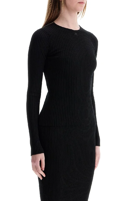 Red Pullover Sweater-Women's Layered Pullovers-Courreges Black Viscose And Polyester Sweater With Drop Neckline