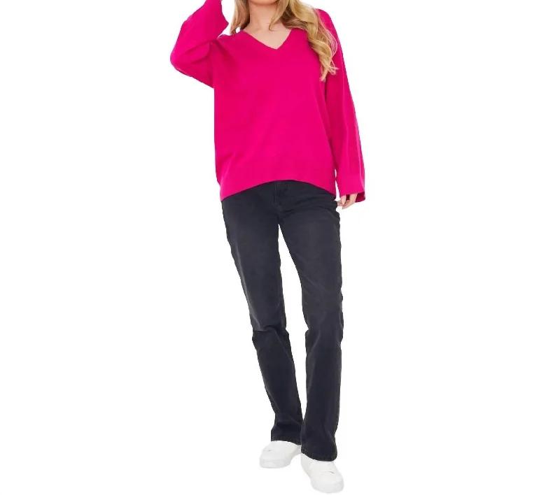 Soft Knit Pullover Sweater-Women's Double Layer Pullovers-Saddle Shoulder Rib Knit Sweater In Fuschia