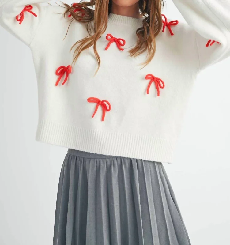 Long Sleeve Pullover Sweater-Women's Sequin Pencil Pullovers-Bow Detailed Brushed Sweater In Off White/red