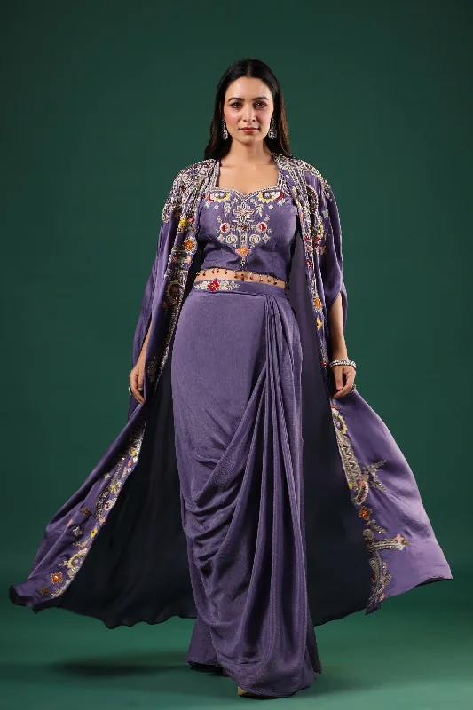 Fashion-forward Skirts-Women's Lace A-Line Skirts-Purple Embellished Chinon Silk Skirt Set