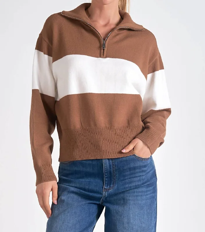 Colorful Pullover Sweater-Women's Slim Fit Pullovers-Stripe Crewneck Sweater In Tan White