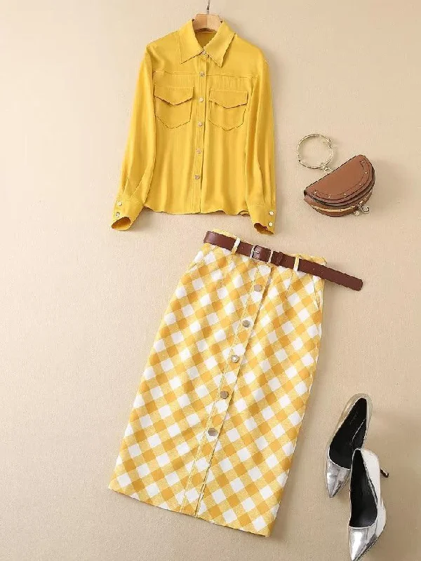 Fitted Denim Skirts-Women's Slit Pleated Skirts-Plaid Skirt Outfit Set - Yellow