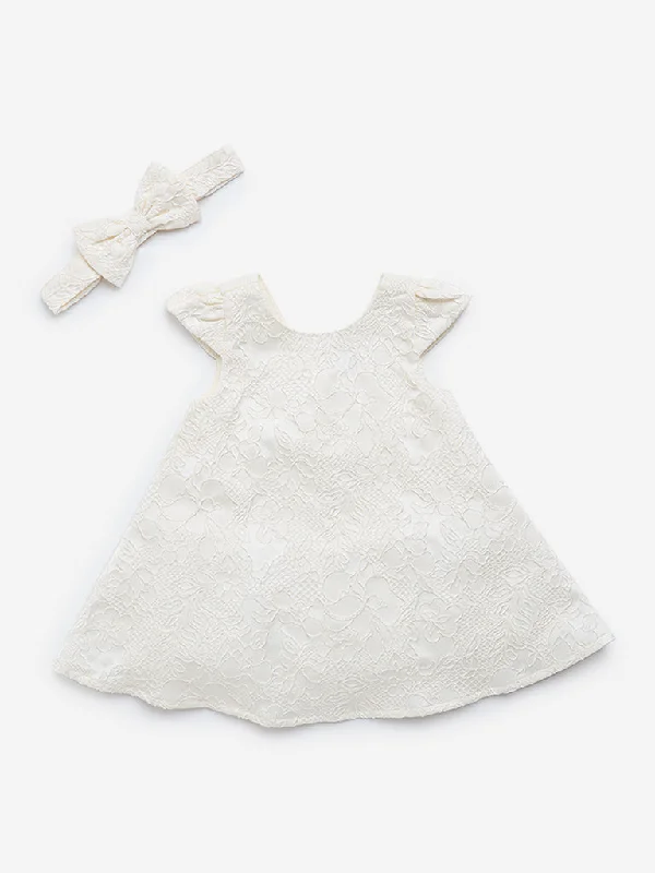 HOP Baby Off-White Textured A-Line Dress with Headband