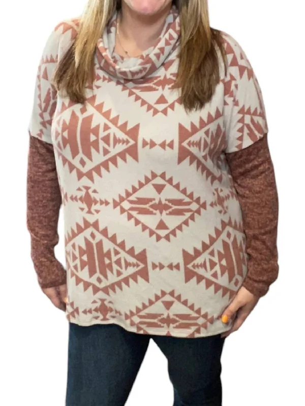 Stylish Knit Pullover Sweater-Women's Vacation Pullovers-Aztec Cowlneck Sweater In Rust