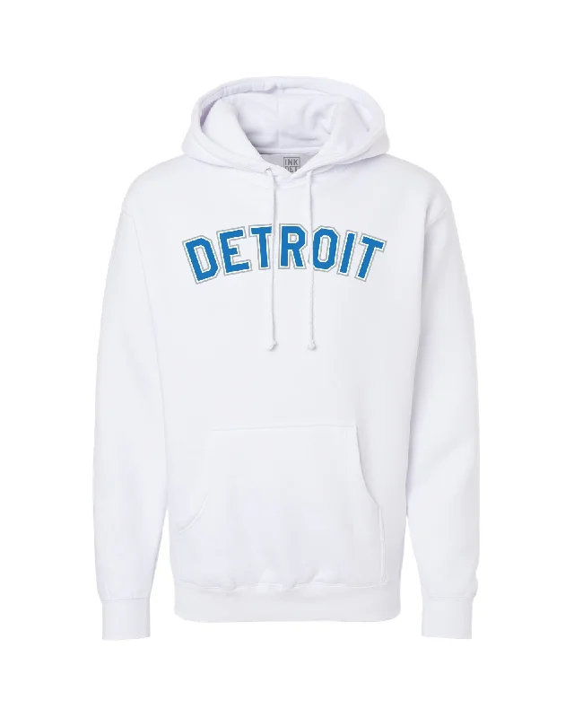 Hoodie for Comfortable All-Day Wear-Women's Pastel Hoodies-Ink Detroit -  Honolulu blue and silver print on White Hoodie