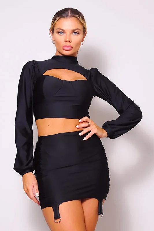 Summer Maxi Skirts-Women's Fleece A-Line Skirts-Black Long Sleeve Cutout Crop Top & Mini Skirt Set