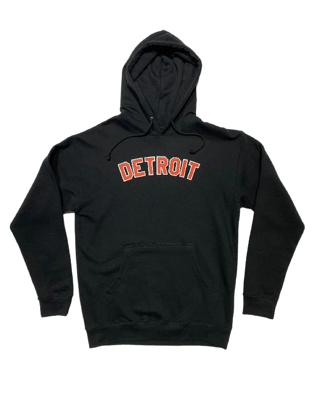 Hoodie with Iconic Logo for Trendy Look-Women's Pocket Hoodies-Ink Detroit -  Red & White print on Black Hoodie